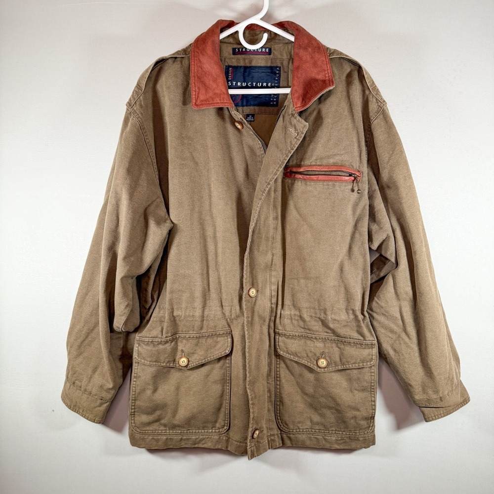 Vintage Structure‎ Field Jacket - Canvas With Leather Trim Utility Coat Brown M